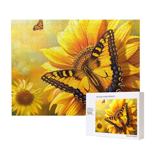 Intelligenz-Puzzle aus Holz, Motiv: Sonnenblumen, Schmetterling, Sonnig, bedruckt, 52 x 38 cm, 500 Teile (verpackt), Lernspiel für Erwachsene, Heimdekoration, Puzzle von JKSEEPYN