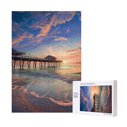 Intelligenz-Puzzle aus Holz, Motiv: Sonnenuntergang an der Strandbrücke, 28 x 40 cm, 300 Teile (verpackt), Lernspiel für Erwachsene, Heimdekoration, Puzzle von JKSEEPYN