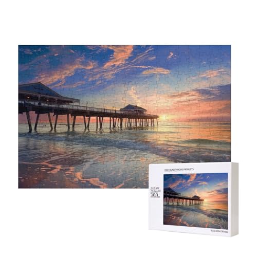 Intelligenz-Puzzle aus Holz, Motiv: Sonnenuntergang an der Strandbrücke, 40 x 28 cm, 300 Teile (verpackt), Lernspiel für Erwachsene, Heimdekoration, Puzzle von JKSEEPYN