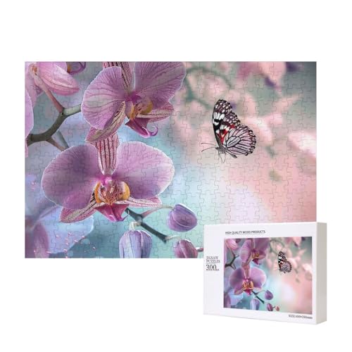 Intelligenz-Puzzle aus Holz, Orchidee, Blume, Schmetterling, weich, frisch, Frühling, bedruckt, 40 x 28 cm, 300 Teile (verpackt), Puzzle, Lernspiel für Erwachsene, Heimdekoration, Puzzle von JKSEEPYN