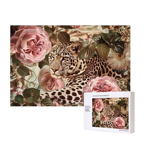 Intelligenz-Puzzle aus Holz, gestreifte Rose und Leopardenmuster, 40 x 28 cm, 300 Teile (verpackt), Lernspiel für Erwachsene, Heimdekoration, Puzzle von JKSEEPYN