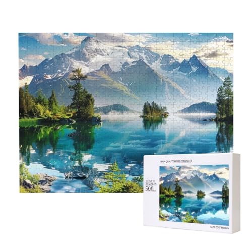 Intelligenz-Puzzle aus Holz mit Blick auf den Berg und den See, Motiv: Sonnentag, Natur, bedruckt, 52 x 38 cm, 500 Teile (verpackt), Lernspiel für Erwachsene, Heimdekoration, Puzzle von JKSEEPYN