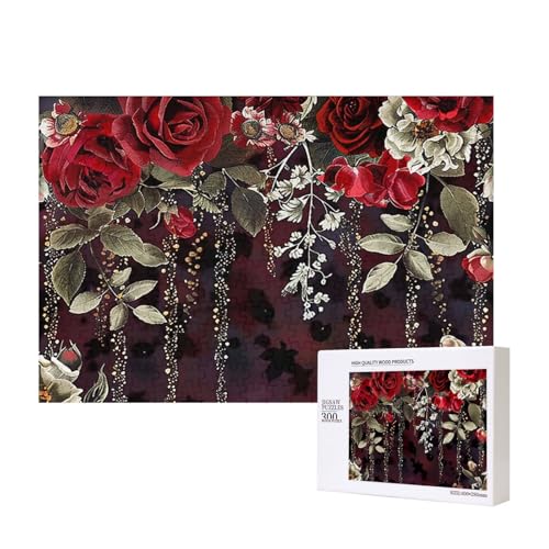 Intelligenz-Puzzle aus Holz mit roter Rose, Blumendruck, 40 x 28 cm, 300 Teile (verpackt), Puzzle, Lernspiel für Erwachsene, Heimdekoration, Puzzle von JKSEEPYN