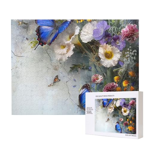 Intelligenz-Puzzle mit Blumen und Schmetterlingen aus Holz, 52 x 38 cm, 500 Teile (verpackt), Lernspiel für Erwachsene, Heimdekoration, Puzzle von JKSEEPYN