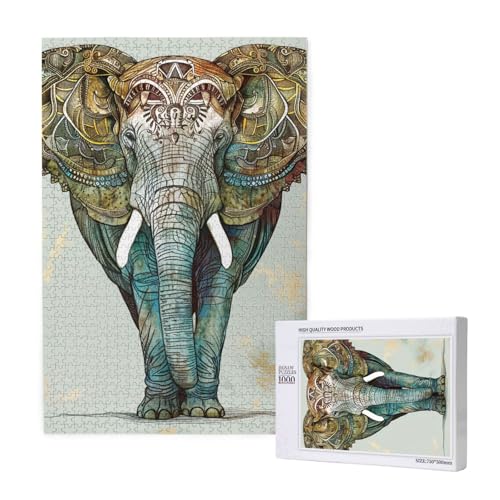 Intelligenz-Puzzle mit Elefantenaufdruck, bedrucktes Holzpuzzle, 50 x 75 cm, 1000 Teile (verpackt), Lernspiel für Erwachsene, Heimdekoration, Puzzle von JKSEEPYN