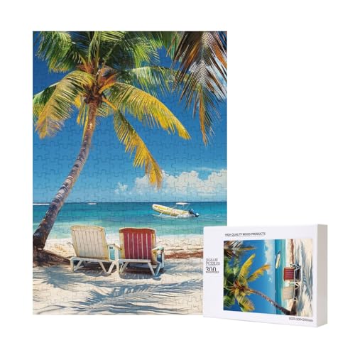 Intelligenz-Puzzle mit Strandpalmen-Stühlen, Booten, bedrucktes Holzpuzzle, 28 x 40 cm, 300 Teile (verpackt), Lernspiel für Erwachsene, Heimdekoration, Puzzle von JKSEEPYN
