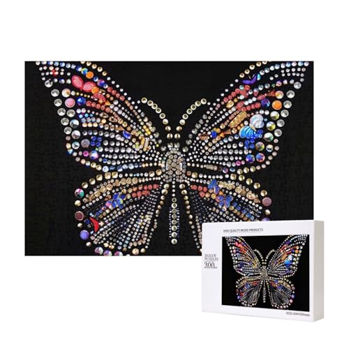 Intelligenz-Puzzle mit Strass-Schmetterling, bedruckt, Holz, 40 x 28 cm, 300 Teile (verpackt), Puzzle, Lernspiel für Erwachsene, Heimdekoration, Puzzle von JKSEEPYN