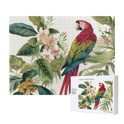 Intelligenz-Puzzle mit tropischem Blumenblatt, Papagei, bedruckt, aus Holz, 52 x 38 cm, 500 Teile (verpackt), Lernspiel für Erwachsene, Heimdekoration, Puzzle von JKSEEPYN