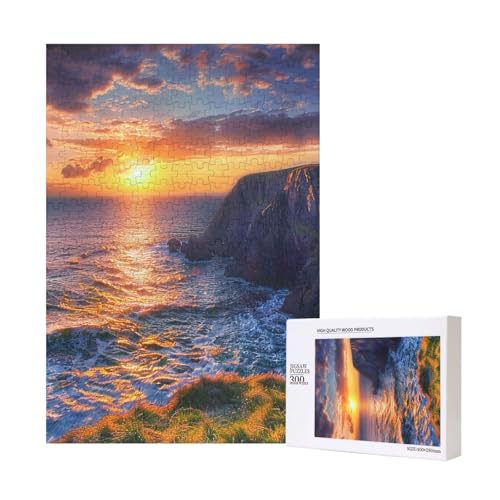 Irland Sonnenuntergang Meereslandschaft gedrucktes Intelligenz-Puzzle aus Holz, 28 x 40 cm, 300 Teile (verpackt), Puzzle, Lernspiel für Erwachsene, Heimdekoration, Puzzle von JKSEEPYN