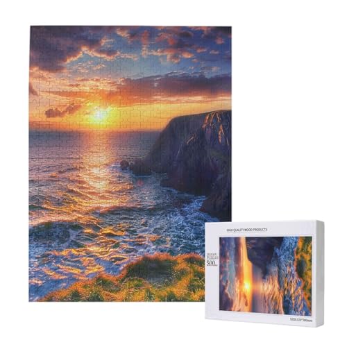 Irland Sonnenuntergang Meereslandschaft gedrucktes Intelligenz-Puzzle aus Holz, 38 x 52 cm, 500 Teile (verpackt), Puzzle, Lernspiel für Erwachsene, Heimdekoration, Puzzle von JKSEEPYN