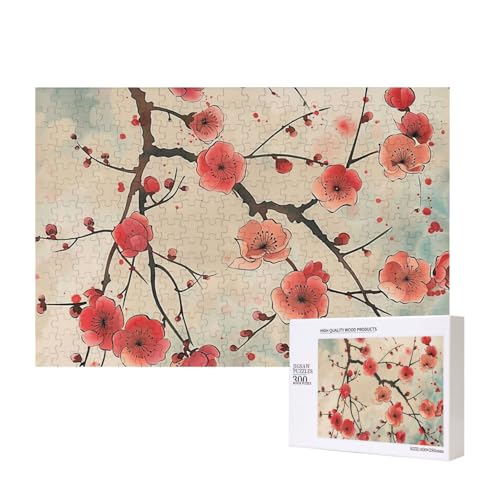 Japanischer Frühlings-Pflaumen-Blumendruck, bedrucktes Intelligenz-Puzzle, Holz, 40 x 28 cm, 300 Teile (verpackt), Puzzle, Lernspiel für Erwachsene, Heimdekoration, Puzzle von JKSEEPYN