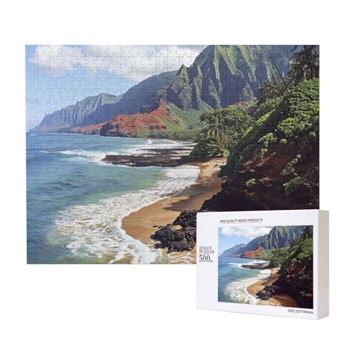 Kauai Hawaii Seashore bedrucktes Intelligenz-Puzzle aus Holz, 52 x 38 cm, 500 Teile (verpackt), Puzzle, Lernspiel für Erwachsene, Heimdekoration, Puzzle von JKSEEPYN