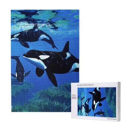 Killerwale schwimmen mit, bedrucktes Intelligenz-Puzzle aus Holz, 50 x 75 cm, 1000 Teile (verpackt), Lernspiel für Erwachsene, Heimdekorationspuzzle von JKSEEPYN