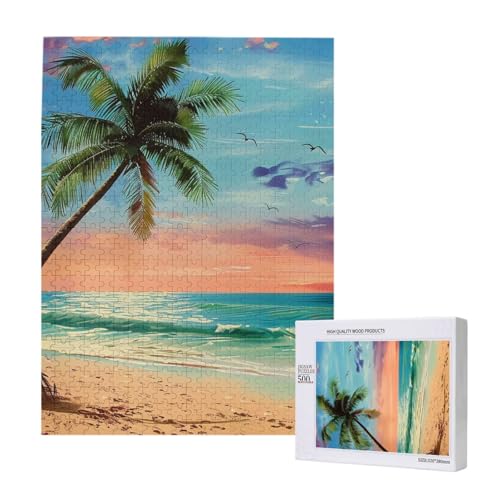 Kokospalme Sandstrand 1 bedrucktes Intelligenz-Puzzle aus Holz, 38 x 52 cm, 500 Teile (verpackt), Lernspiel für Erwachsene, Heimdekorationspuzzle von JKSEEPYN
