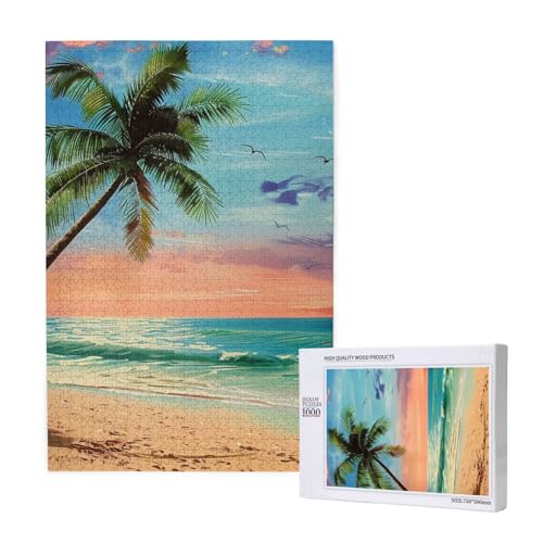 Kokospalme Sandstrand 1 bedrucktes Intelligenz-Puzzle aus Holz, 50 x 75 cm, 1000 Teile (verpackt), Lernspiel für Erwachsene, Heimdekorationspuzzle von JKSEEPYN