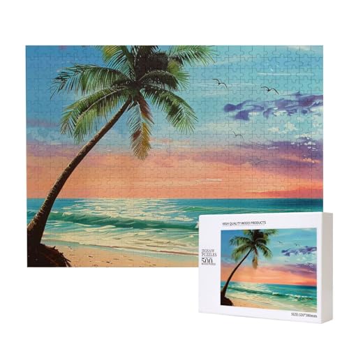 Kokospalme Sandstrand 1 bedrucktes Intelligenz-Puzzle aus Holz, 52 x 38 cm, 500 Teile (verpackt), Lernspiel für Erwachsene, Heimdekorationspuzzle von JKSEEPYN
