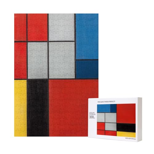 Komposition in Rot, Gelb, Blau und Schwarz, bedrucktes Intelligenz-Puzzle aus Holz, 28 x 40 cm, 300 Teile (verpackt), Puzzle, Lernspiel für Erwachsene, Heimdekorationspuzzle von JKSEEPYN