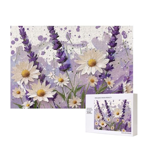 Lavendel und Gänseblümchen bedrucktes Intelligenz-Puzzle aus Holz, 40 x 28 cm, 300 Teile (verpackt), Puzzle, Lernspiel für Erwachsene, Heimdekoration, Puzzle von JKSEEPYN