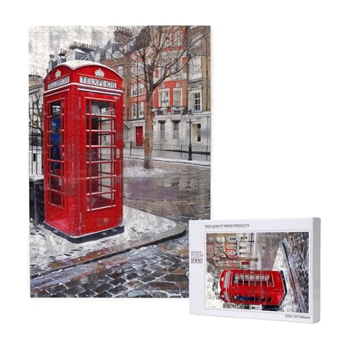Londoner rote Telefonzelle, gedrucktes Intelligenz-Puzzle aus Holz, 50 x 75 cm, 1000 Teile (verpackt), Puzzle, Lernspiel für Erwachsene, Heimdekoration, Puzzle von JKSEEPYN