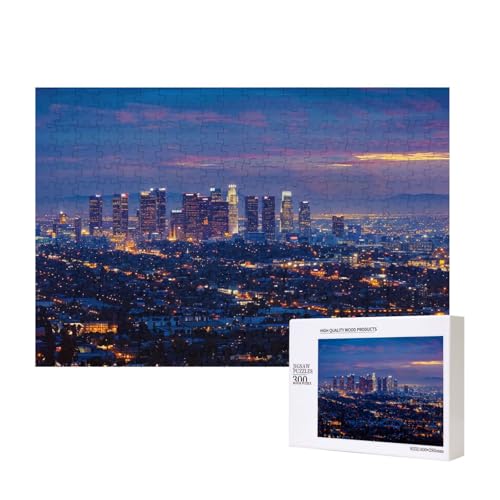 Los Angeles Skyline gedrucktes Intelligenz-Puzzle aus Holz, 40 x 28 cm, 300 Teile (verpackt), Puzzle, Lernspiel für Erwachsene, Heimdekoration, Puzzle von JKSEEPYN