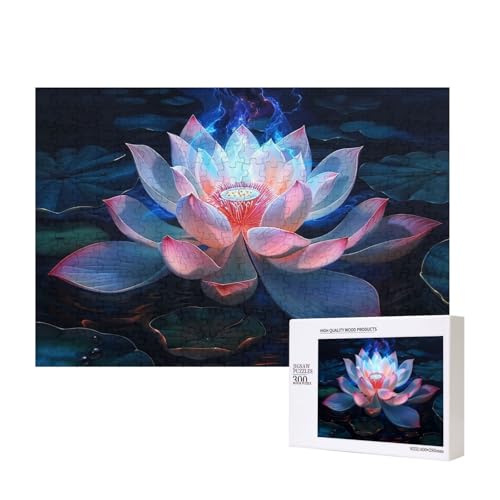 Lotusblüte bedrucktes Intelligenz-Puzzle aus Holz, 40 x 28 cm, 300 Teile (verpackt), Puzzle, Lernspiel für Erwachsene, Heimdekoration, Puzzle von JKSEEPYN