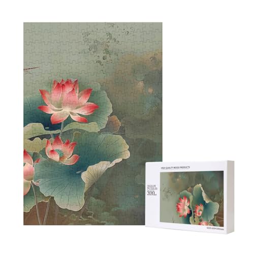 Lotusblume und Libelle bedrucktes Intelligenz-Puzzle aus Holz, 28 x 40 cm, 300 Teile (verpackt), Lernspiel für Erwachsene, Heimdekorationspuzzle von JKSEEPYN