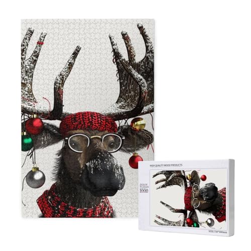 Lustiger Weihnachtselch bedrucktes Intelligenz-Puzzle aus Holz, 50 x 75 cm, 1000 Teile (verpackt), Puzzle, Lernspiel für Erwachsene, Heimdekoration, Puzzle von JKSEEPYN