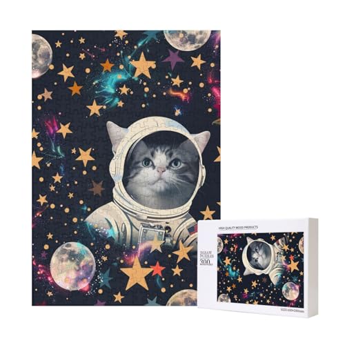 Lustiges Katzen-Astronauten-Puzzle aus Holz, bedruckt, 28 x 40 cm, 300 Teile (verpackt), Puzzle, Lernspiel für Erwachsene, Heimdekoration, Puzzle von JKSEEPYN