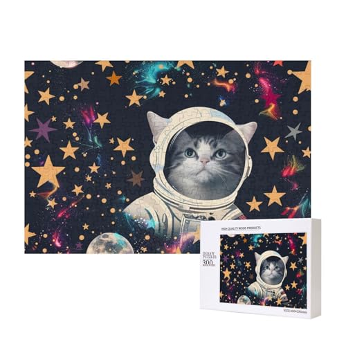 Lustiges Katzen-Astronauten-Puzzle aus Holz, bedruckt, 40 x 28 cm, 300 Teile (verpackt), Puzzle, Lernspiel für Erwachsene, Heimdekoration, Puzzle von JKSEEPYN
