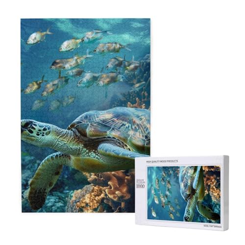 Meeresschildkröte mit Fischen, bedrucktes Intelligenz-Puzzle aus Holz, 50 x 75 cm, 1000 Teile (verpackt), Lernspiel für Erwachsene, Heimdekorationspuzzle von JKSEEPYN