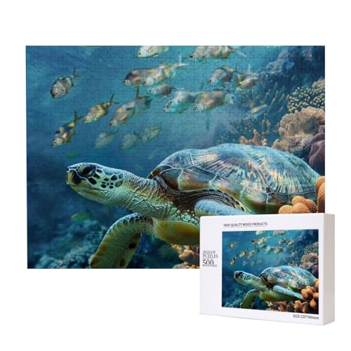 Meeresschildkröte mit Fischen, bedrucktes Intelligenz-Puzzle aus Holz, 52 x 38 cm, 500 Teile (verpackt), Lernspiel für Erwachsene, Heimdekoration, Puzzle von JKSEEPYN