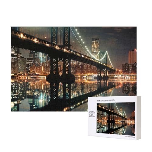 New York Manhattan Bridge Night bedrucktes Intelligenz-Puzzle aus Holz, 40 x 28 cm, 300 Teile (verpackt), Lernspiel für Erwachsene, Heimdekoration, Puzzle von JKSEEPYN