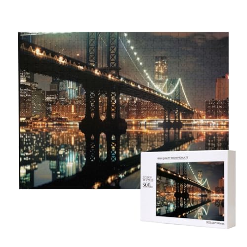 New York Manhattan Bridge Night bedrucktes Intelligenz-Puzzle aus Holz, 52 x 38 cm, 500 Teile (verpackt), Lernspiel für Erwachsene, Heimdekoration, Puzzle von JKSEEPYN