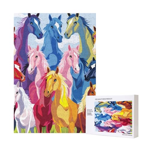 Niedliche Cartoon-Pferde, bedrucktes Intelligenz-Puzzle aus Holz, 28 x 40 cm, 300 Teile (verpackt), Puzzle, Lernspiel für Erwachsene, Heimdekoration, Puzzle von JKSEEPYN