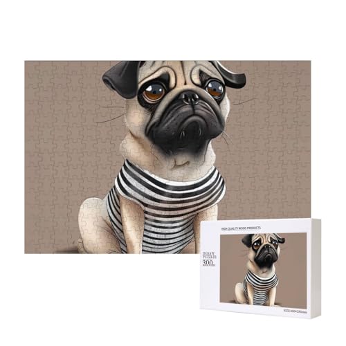 Niedlicher Mops-Hund, 1 bedrucktes Intelligenz-Puzzle aus Holz, 40 x 28 cm, 300 Teile (verpackt), Puzzle, Lernspiel für Erwachsene, Heimdekoration, Puzzle von JKSEEPYN