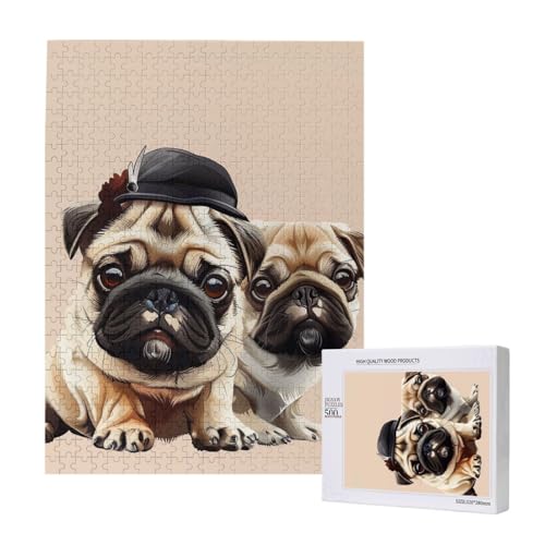 Niedlicher Mops bedrucktes Intelligenz-Puzzle aus Holz, 38 x 52 cm, 500 Teile (verpackt), Lernspiel für Erwachsene, Heimdekorationspuzzle von JKSEEPYN