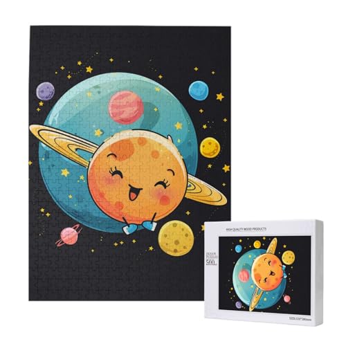 Niedliches Cartoon-Planeten-gedrucktes Intelligenz-Puzzle aus Holz, 38 x 52 cm, 500 Teile (verpackt), Puzzle, Lernspiel für Erwachsene, Heimdekorationspuzzle von JKSEEPYN