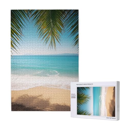 Ozean, Meer, Strand, Palmenblätter, bedrucktes Intelligenz-Puzzle aus Holz, 50 x 75 cm, 1000 Teile (verpackt), Lernspiel für Erwachsene, Heimdekoration, Puzzle von JKSEEPYN