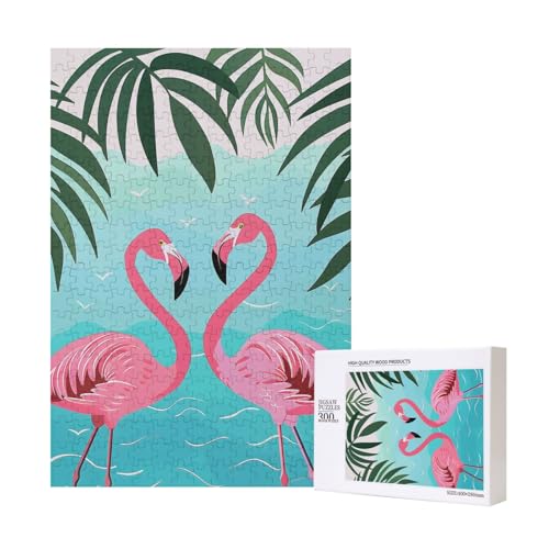 Palmblatt- und Flamingo-Paar, bedrucktes Intelligenz-Puzzle aus Holz, 28 x 40 cm, 300 Teile (verpackt), Lernspiel für Erwachsene, Heimdekorationspuzzle von JKSEEPYN