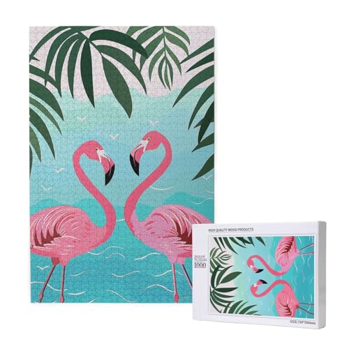 Palmblatt- und Flamingo-Paar, bedrucktes Intelligenz-Puzzle aus Holz, 50 x 75 cm, 1000 Teile (verpackt), Lernspiel für Erwachsene, Heimdekorationspuzzle von JKSEEPYN