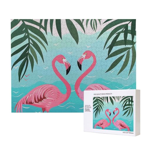 Palmblatt- und Flamingo-Paar, bedrucktes Intelligenz-Puzzle aus Holz, 52 x 38 cm, 500 Teile (verpackt), Lernspiel für Erwachsene, Heimdekorationspuzzle von JKSEEPYN