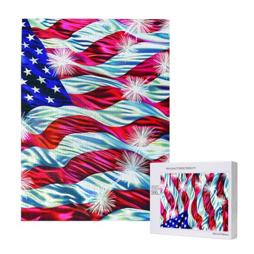 Patriotisches Intelligenz-Puzzle zum 4. Juli mit amerikanischer Flagge, bedrucktes hölzernes Intelligenz-Puzzle, 38 x 52 cm, 500 Teile (in Box), Lernspiel für Erwachsene, Heimdekorationspuzzle von JKSEEPYN
