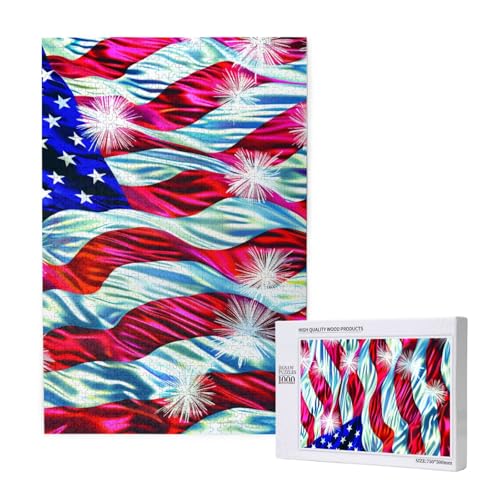 Patriotisches Intelligenz-Puzzle zum 4. Juli mit amerikanischer Flagge, bedrucktes hölzernes Intelligenz-Puzzle, 50 x 75 cm, 1000 Teile (verpackt), Lernspiel für Erwachsene, Heimdekorationspuzzle von JKSEEPYN