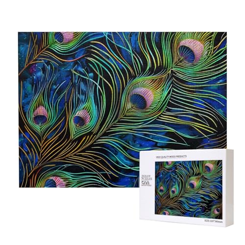 Pfauenfeder 1 bedrucktes Intelligenz-Puzzle aus Holz, 52 x 38 cm, 500 Teile (verpackt), Puzzle, Lernspiel für Erwachsene, Heimdekoration, Puzzle von JKSEEPYN