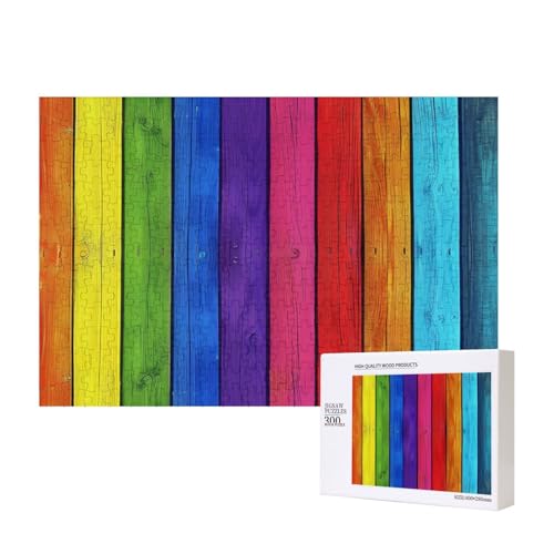 Regenbogenfarbener Holzhintergrund, bedrucktes Intelligenz-Puzzle aus Holz, 40 x 28 cm, 300 Teile (verpackt), Puzzle, Lernspiel für Erwachsene, Heimdekoration, Puzzle von JKSEEPYN