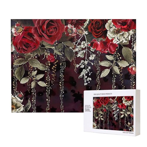 Rote Rose Intelligenz-Puzzle aus Holz, 52 x 38 cm, 500 Teile (verpackt), Lernspiel für Erwachsene, Heimdekorationspuzzle von JKSEEPYN