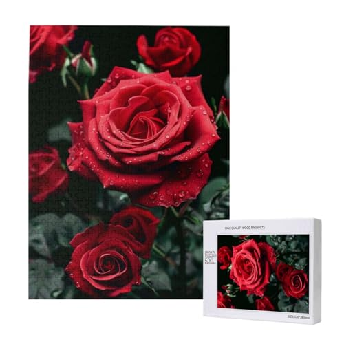 Rote Rose bedrucktes Intelligenz-Puzzle aus Holz, 38 x 52 cm, 500 Teile (verpackt), Puzzle, Lernspiel für Erwachsene, Heimdekoration, Puzzle von JKSEEPYN