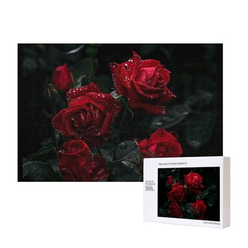 Rote Rosen bedrucktes Intelligenz-Puzzle aus Holz, 40 x 28 cm, 300 Teile (verpackt), Puzzle, Lernspiel für Erwachsene, Heimdekoration, Puzzle von JKSEEPYN