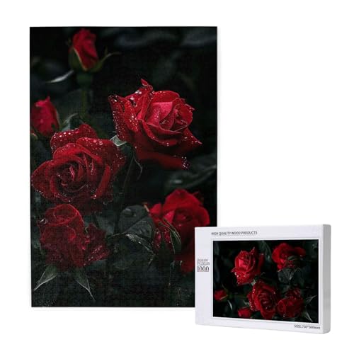 Rote Rosen bedrucktes Intelligenz-Puzzle aus Holz, 50 x 75 cm, 1000 Teile (verpackt), Puzzle, Lernspiel für Erwachsene, Heimdekoration, Puzzle von JKSEEPYN