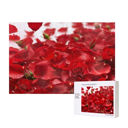 Rote Rosenblätter gedrucktes Intelligenz-Puzzle aus Holz, 40 x 28 cm, 300 Teile (verpackt), Puzzle, Lernspiel für Erwachsene, Heimdekoration, Puzzle von JKSEEPYN